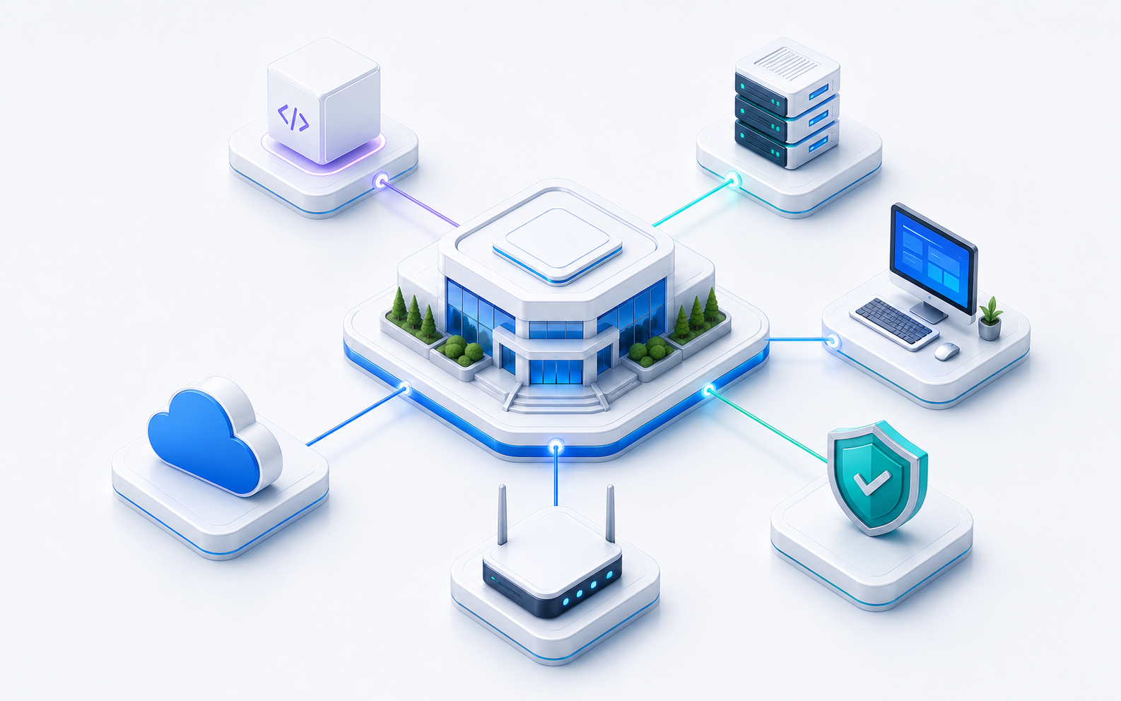 Ganzheitlich vernetzte IT-Landschaft mit Software, Servern, Netzwerk, Cloud und Sicherheit